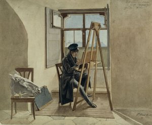 De schilder Johann Adam Klein aan de ezel in zijn atelier in het Palais Chotek in Wenen
